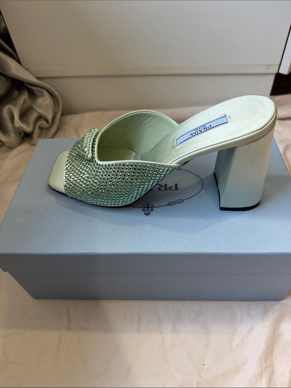 Prada Mint Green Crystal-Embellished Block Heel Mule